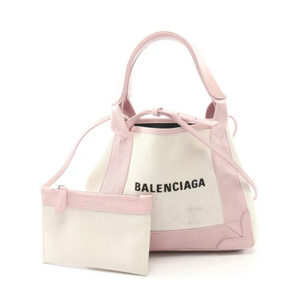 Balenciaga Navy Blue Cabas Handbag Canvas Leather Ivory White Pink